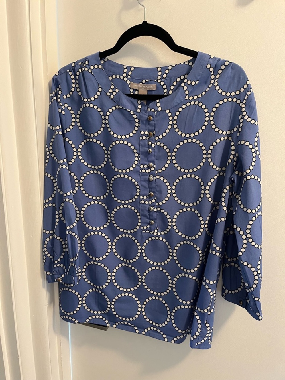 Banana Republic Blue and White Circle-Print Button Blouse